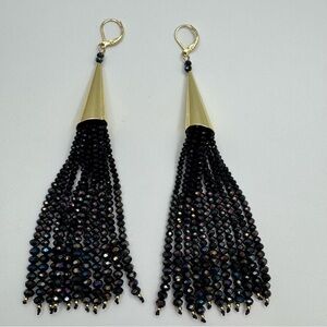 Handcrafted Black Faceted Glass Bead Tassel Earrings Gold Tone Statement Dangle